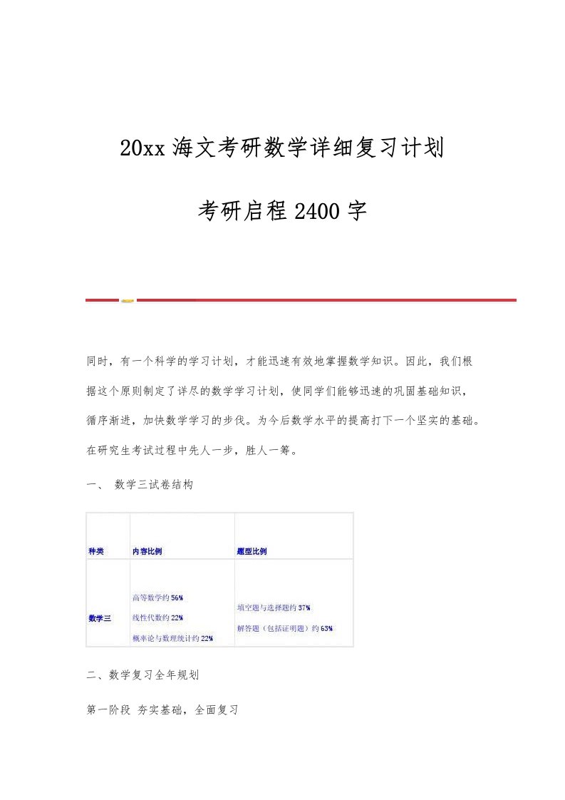 海文考研数学详细复习计划-考研启程2400字