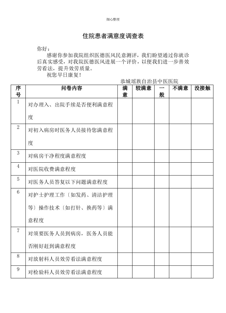 住院门诊患者满意度调查表