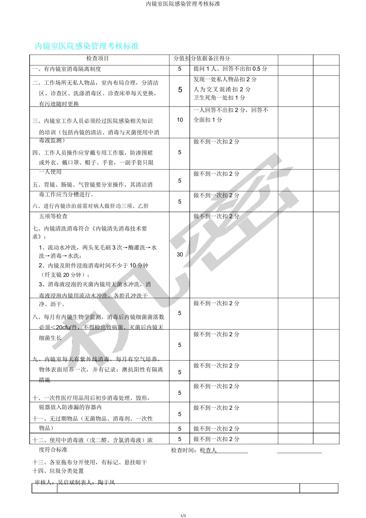 内镜室医院感染管理考核标准