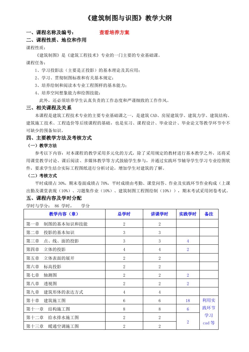 建筑工程制图与识图教学大纲