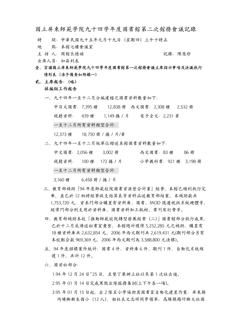 精选国立屏东师范学院九十四学年度图书馆第二次馆务会议记