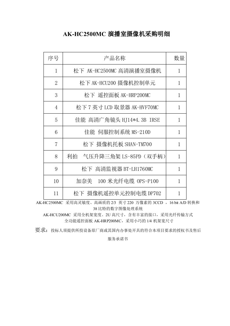 AK-HC2500MC演播室摄像机采购明细