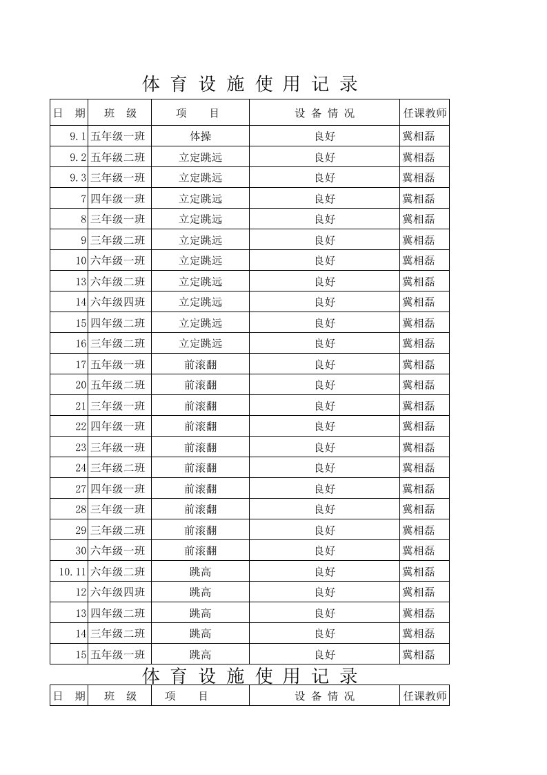 体育设施使用记录