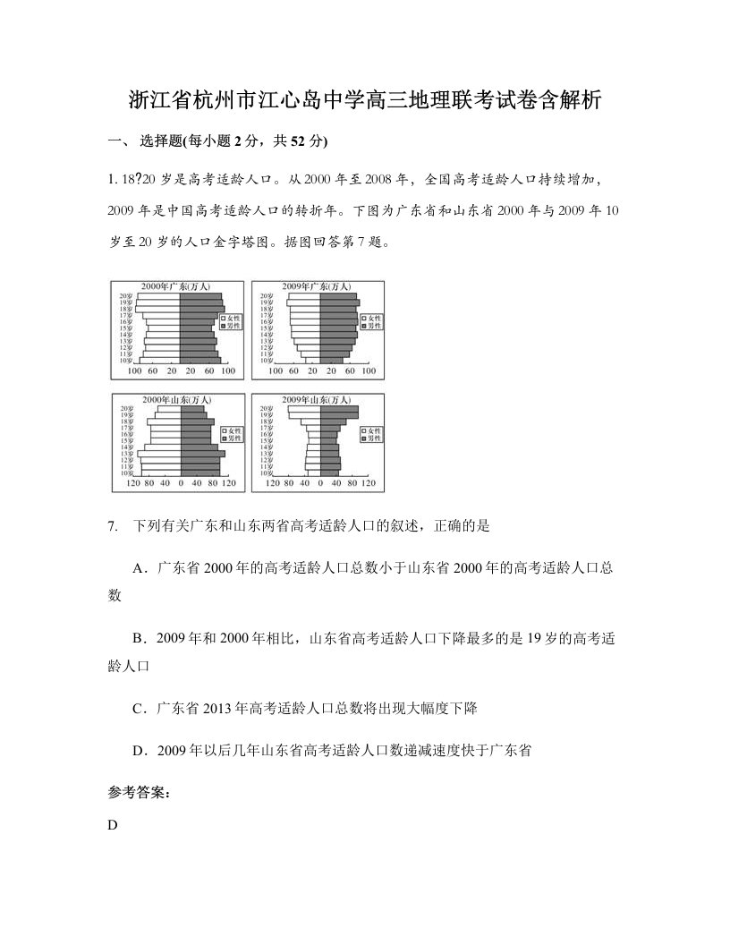 浙江省杭州市江心岛中学高三地理联考试卷含解析