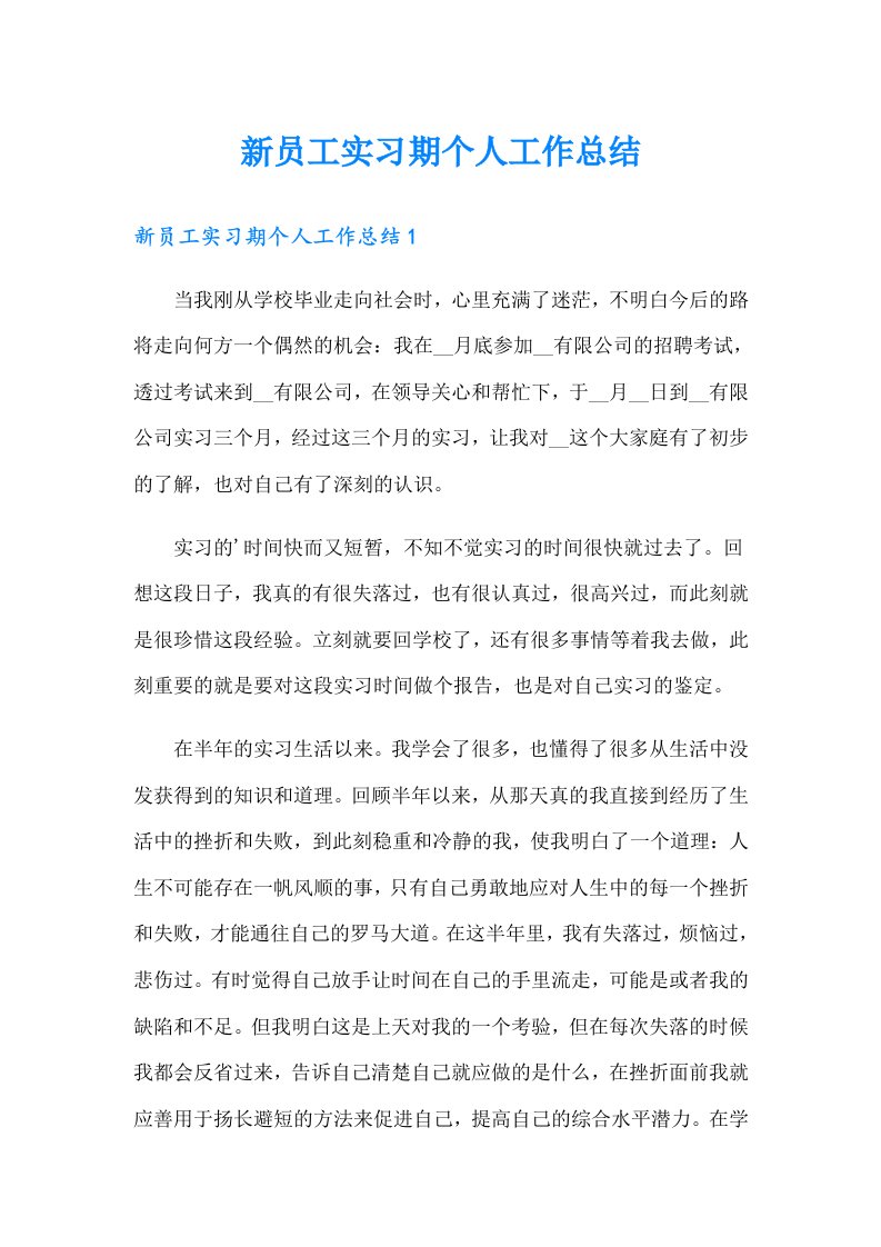 新员工实习期个人工作总结