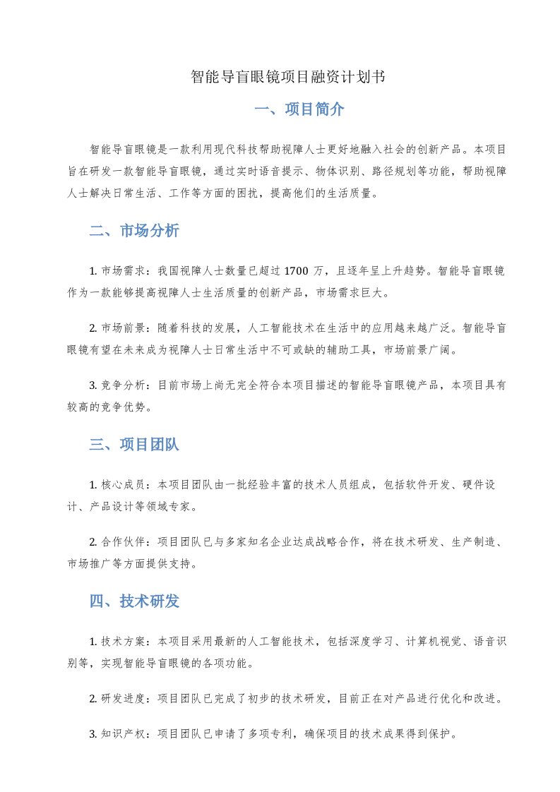 智能导盲眼镜项目融资计划书