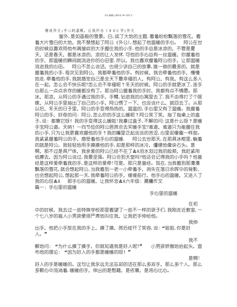 手心温暖让我怀念900字作文