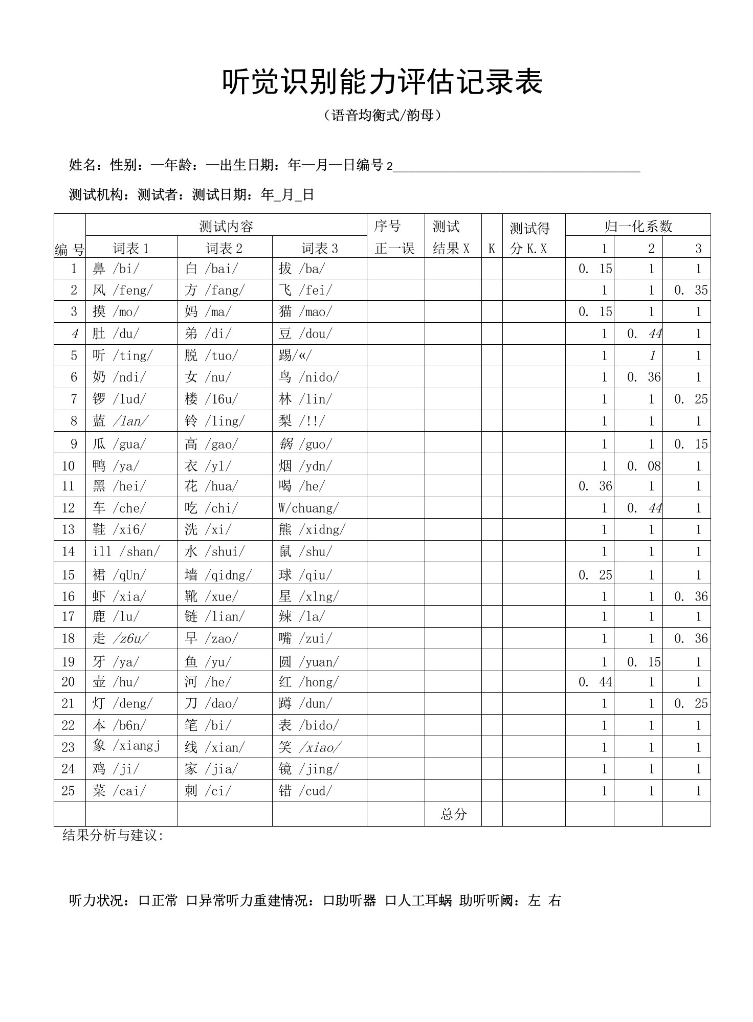 听觉识别能力评估记录表（语音均衡式韵母）