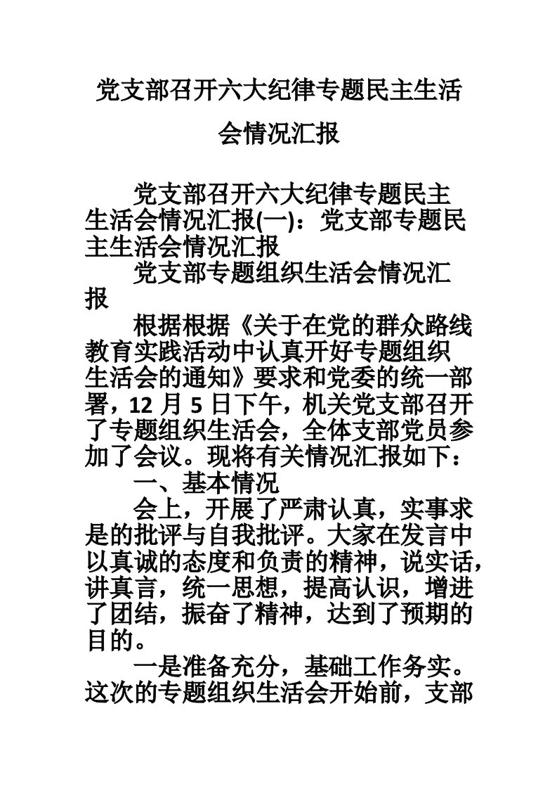 党支部召开六大纪律专题民主生活会情况汇报