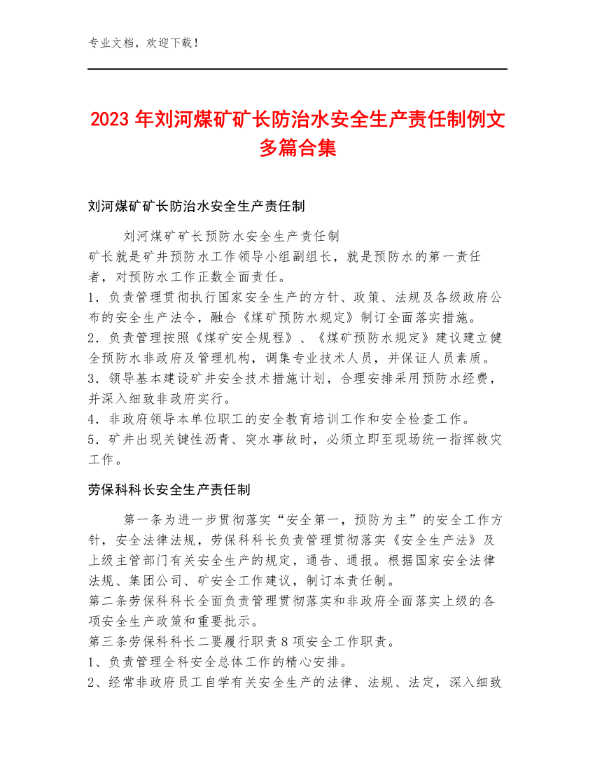 2023年刘河煤矿矿长防治水安全生产责任制例文多篇合集