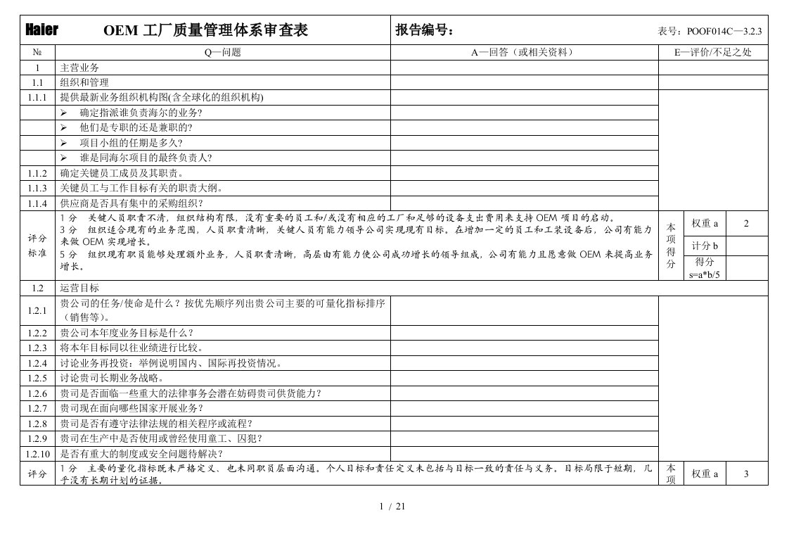 OEM工厂质量管理体系审查表