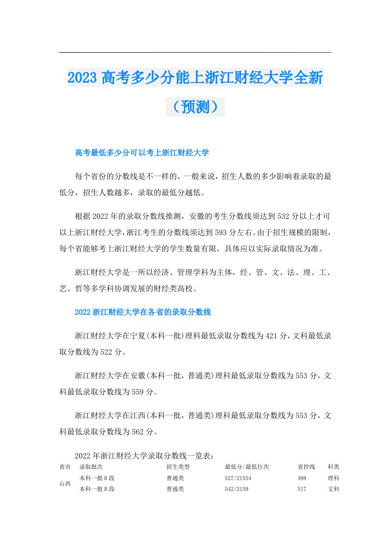 高考多少分能上浙江财经大学全新（预测）