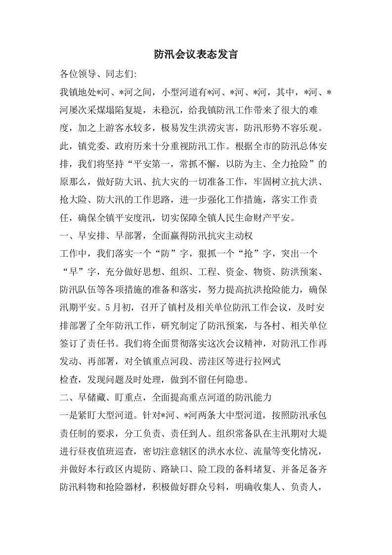 防汛会议表态发言