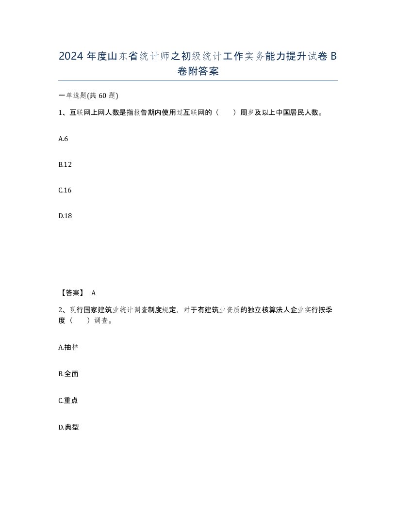 2024年度山东省统计师之初级统计工作实务能力提升试卷B卷附答案