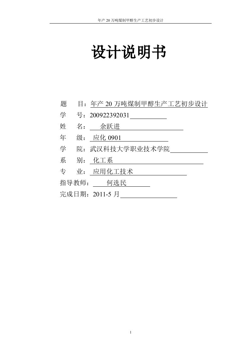 年产20万吨煤制甲醇生产工艺毕业设计1