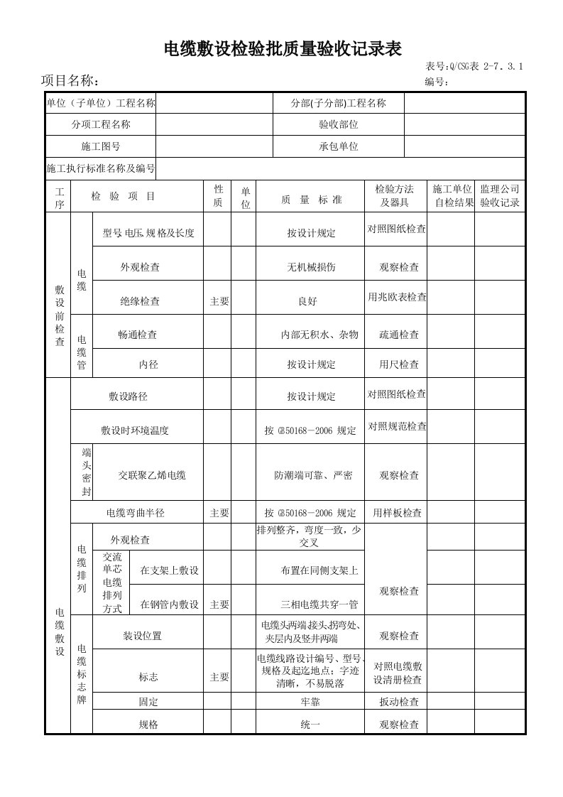 电缆敷设检验批质量验收报告表