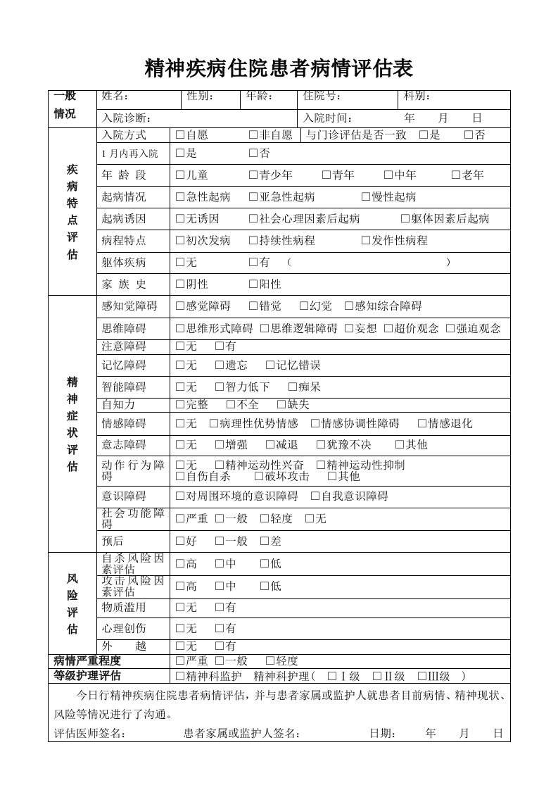 精神疾病住院患者病情评估表