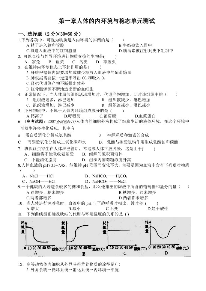 人体内环境与稳态(综合练习)