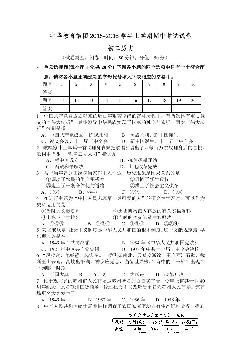 北大附中河南分校2015-2016年初二上学期历史期中试卷及答案