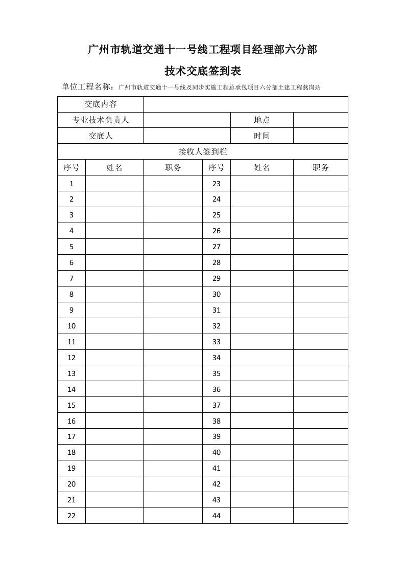 技术交底、培训签到表、培训记录