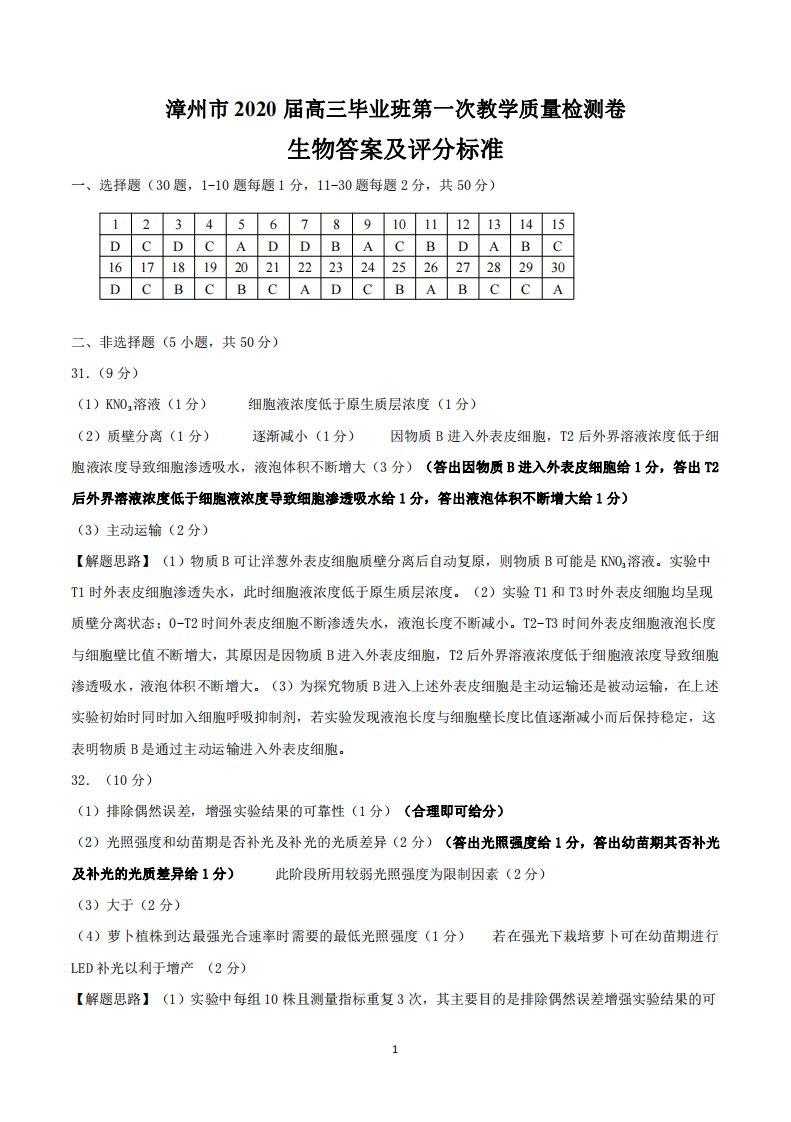 福建省漳州市2020届高三生物第一次教学质量检测试题答案及评分标准