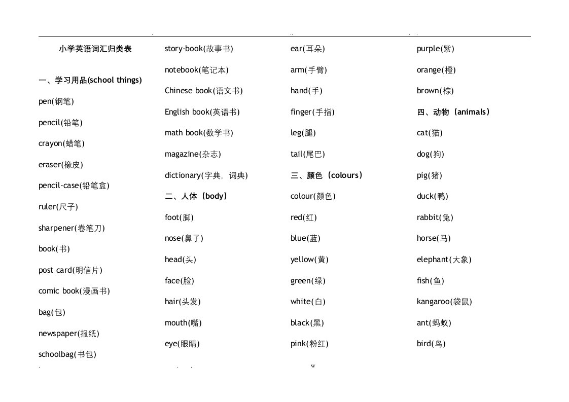 小学英语词汇分类汇总表