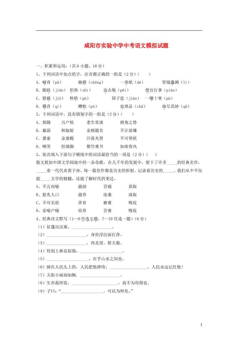 陕西省咸阳市中考语文下学期模拟试题