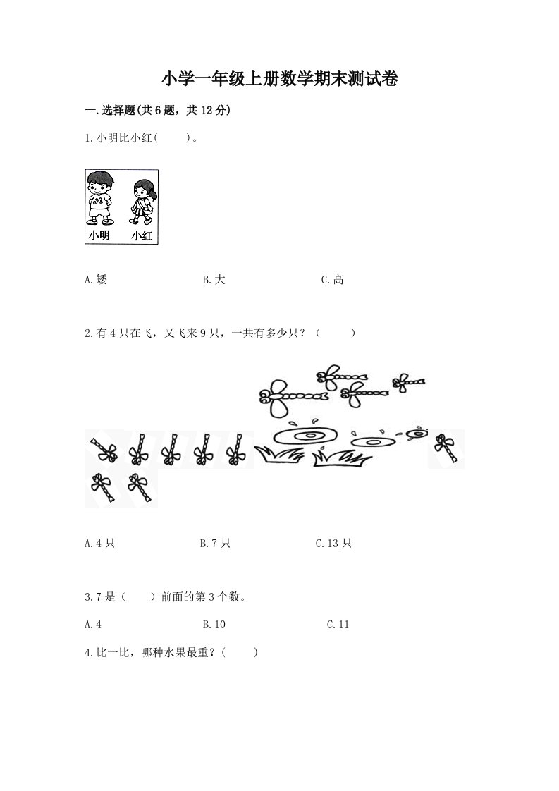 小学一年级上册数学期末测试卷含完整答案（各地真题）