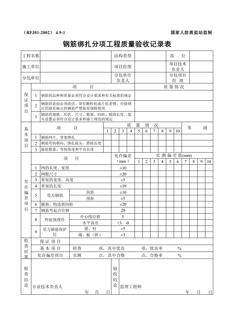 钢筋绑扎分项工程质量验收记录表