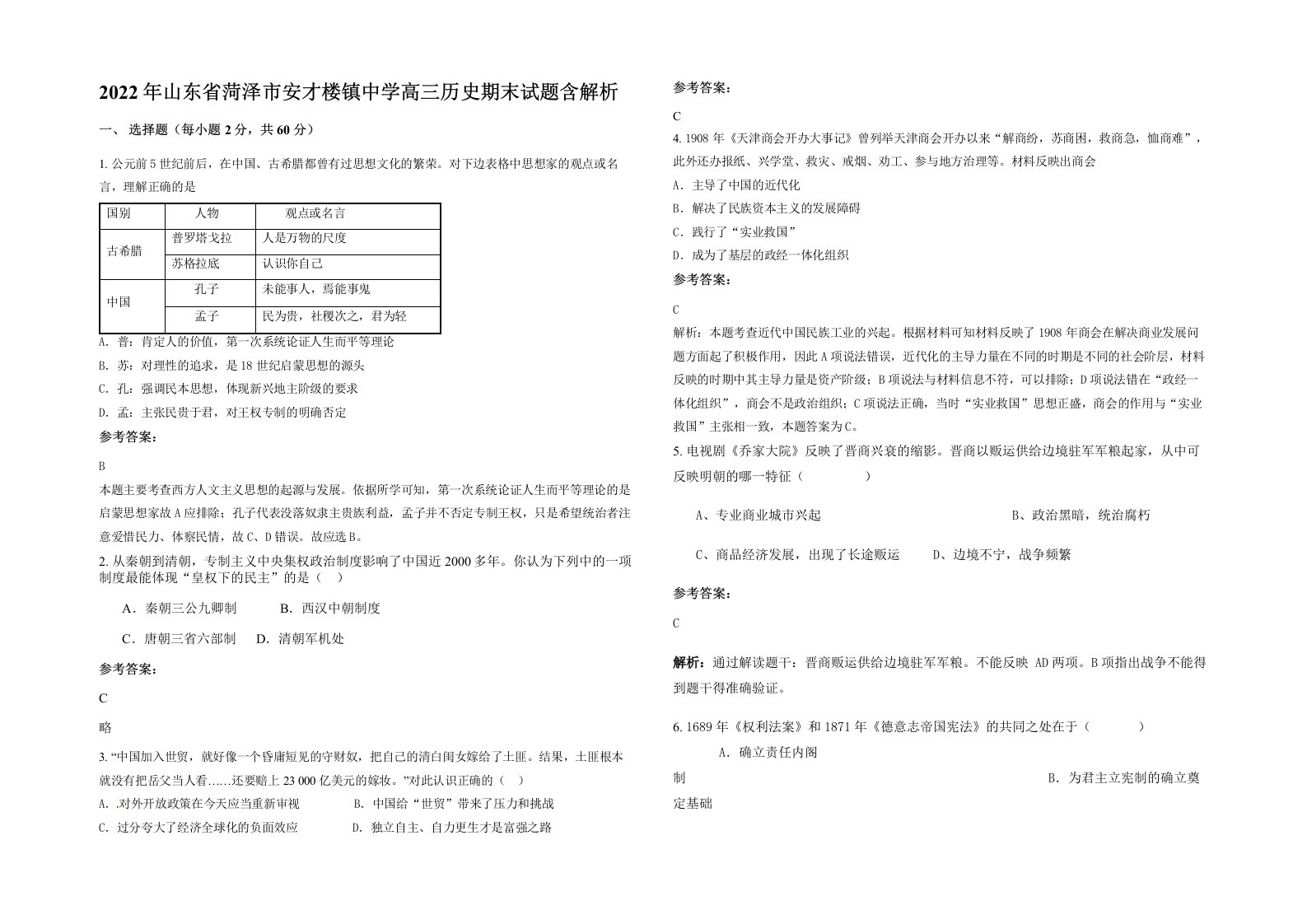 2022年山东省菏泽市安才楼镇中学高三历史期末试题含解析