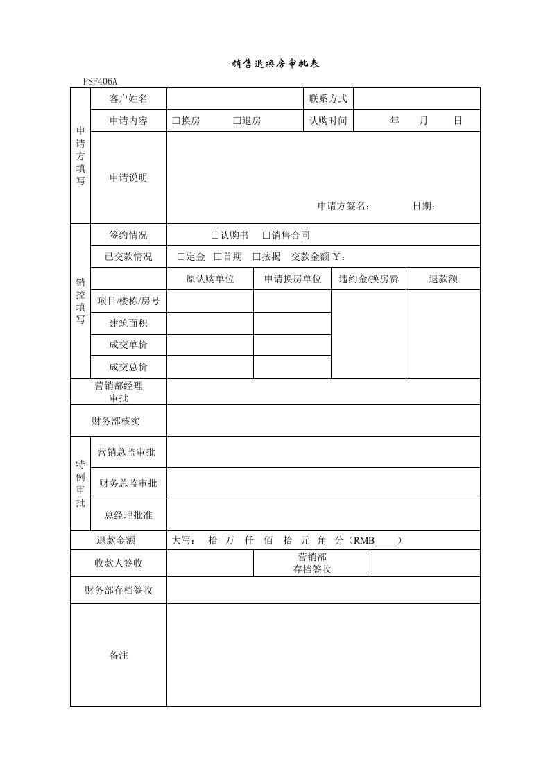 PSF406销售退换房审批表