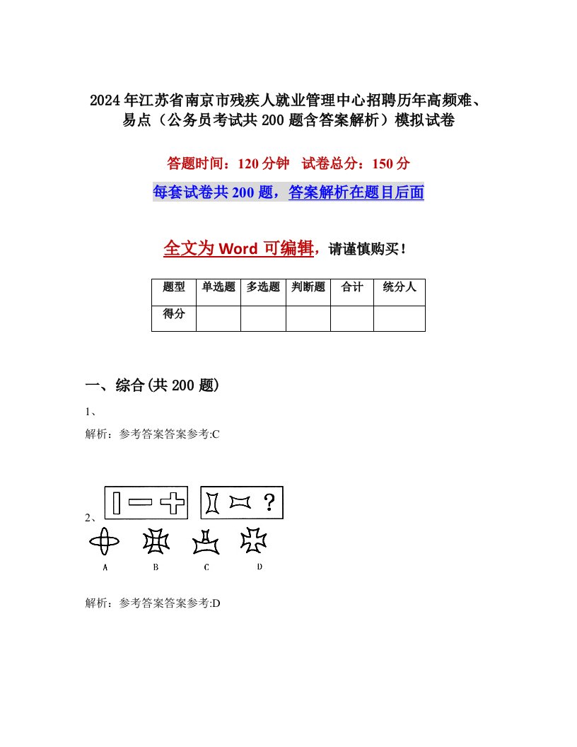 2024年江苏省南京市残疾人就业管理中心招聘历年高频难、易点（公务员考试共200题含答案解析）模拟试卷