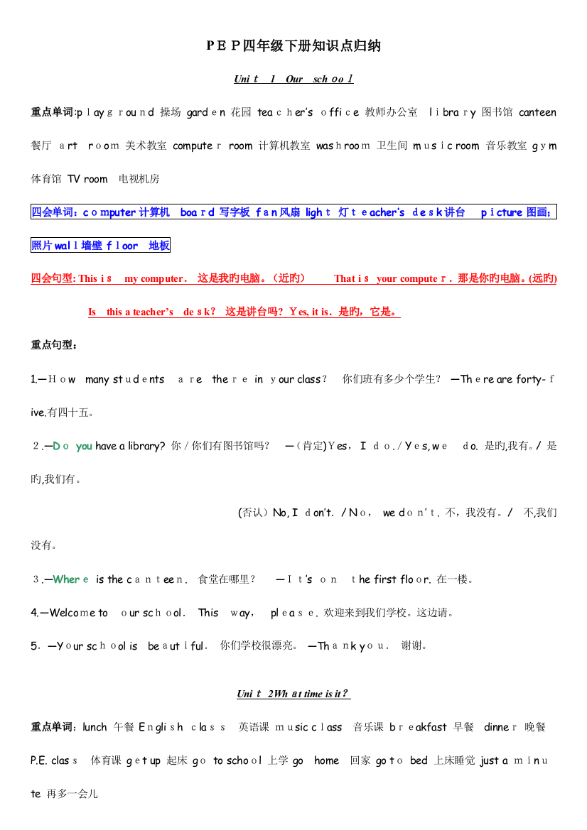 2023年PEP小学英语四年级下册知识点归纳