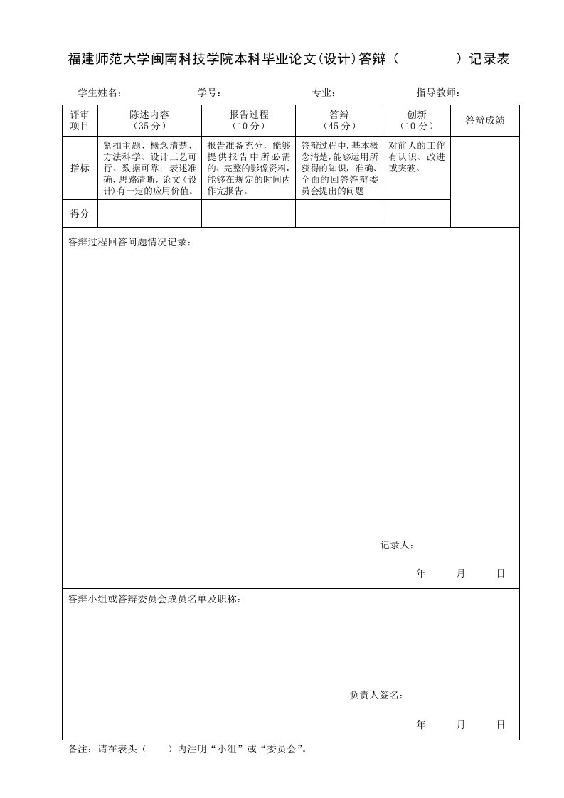 毕业答辩所需表格（福建师范大学）答辩记录表