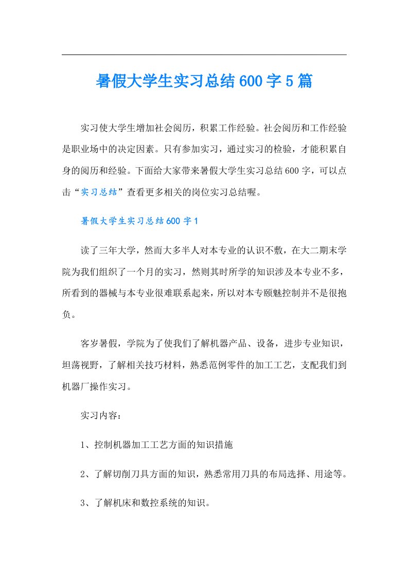 暑假大学生实习总结600字5篇