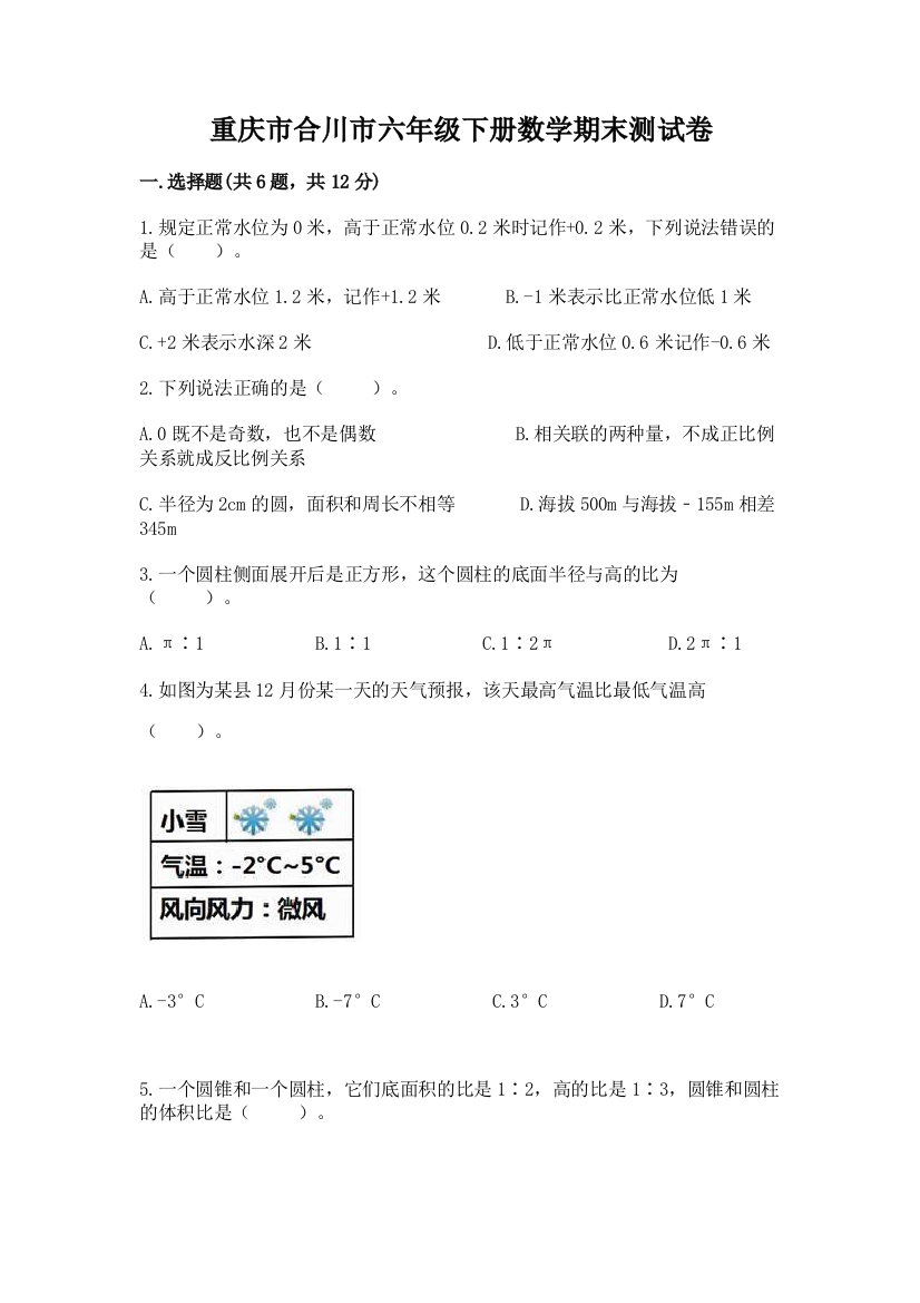 重庆市合川市六年级下册数学期末测试卷新版