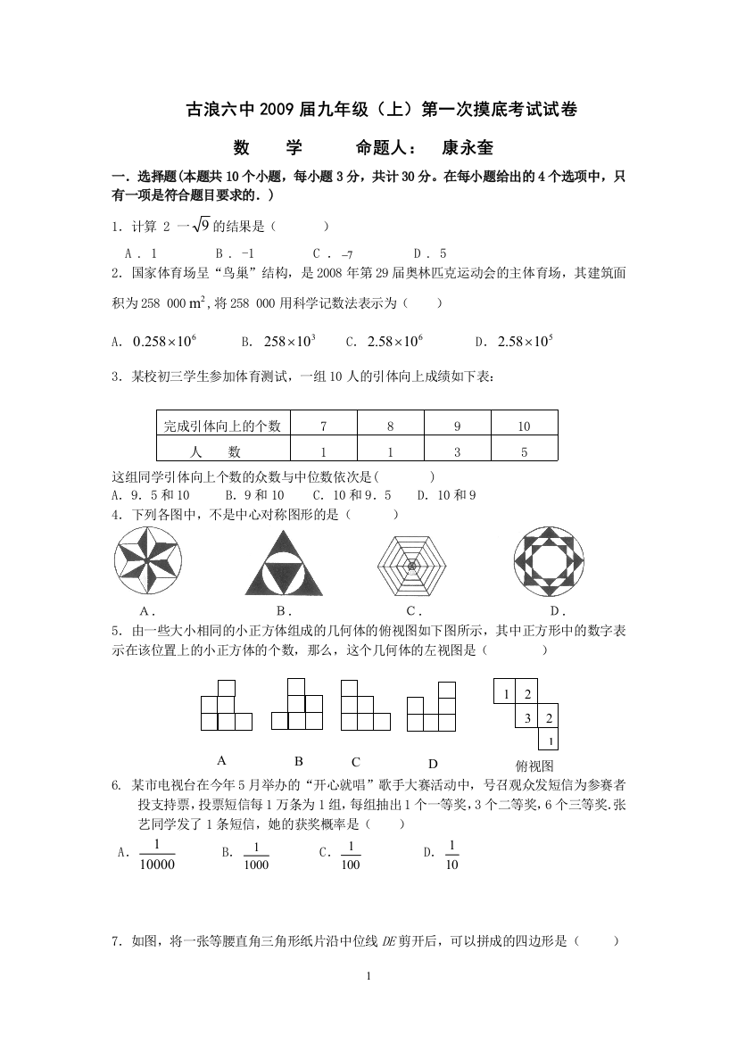 【小学中学教育精选】甘肃古浪六中九年级摸底考试试卷