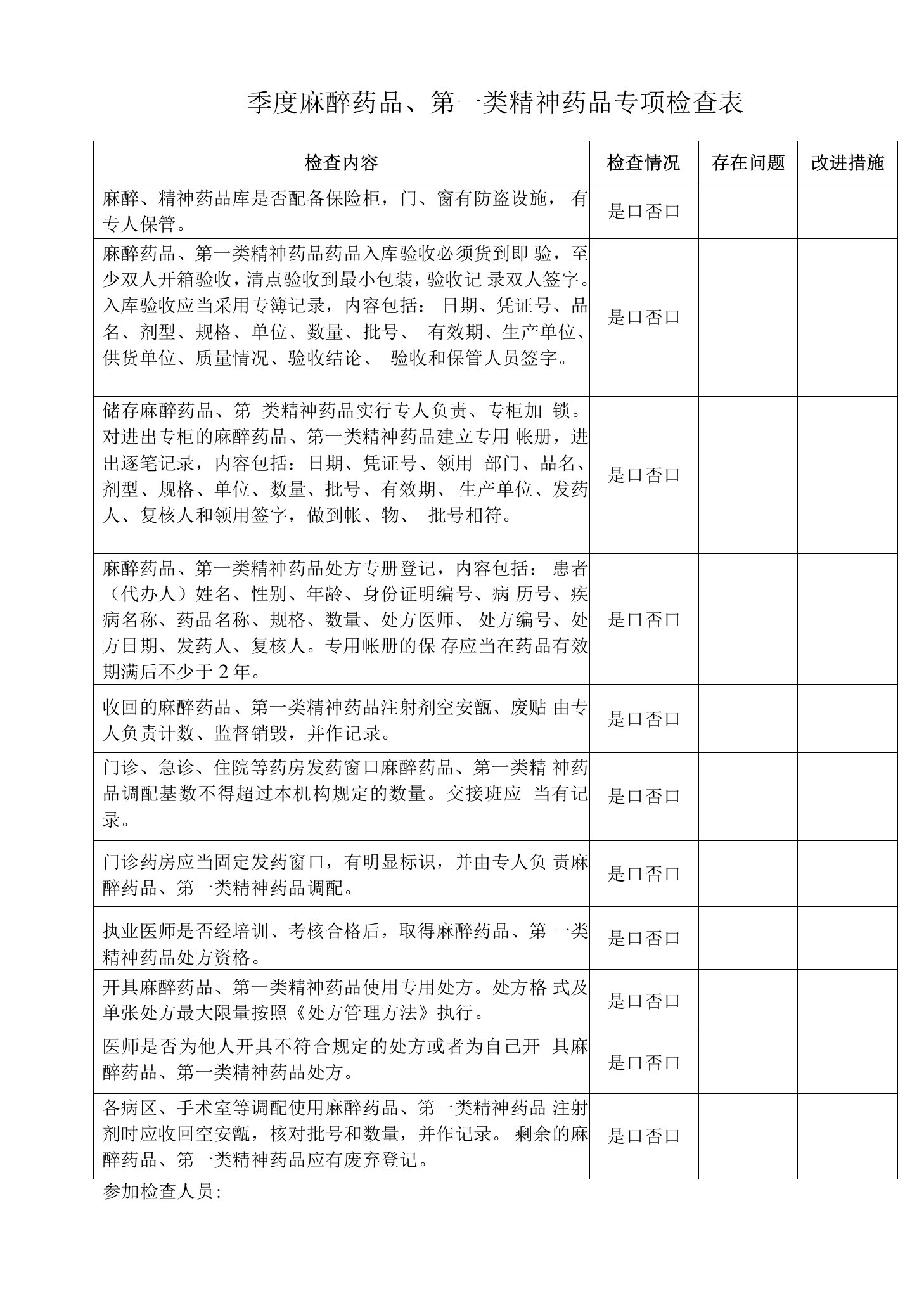 季度麻醉药品、第一类精神药品专项检查表