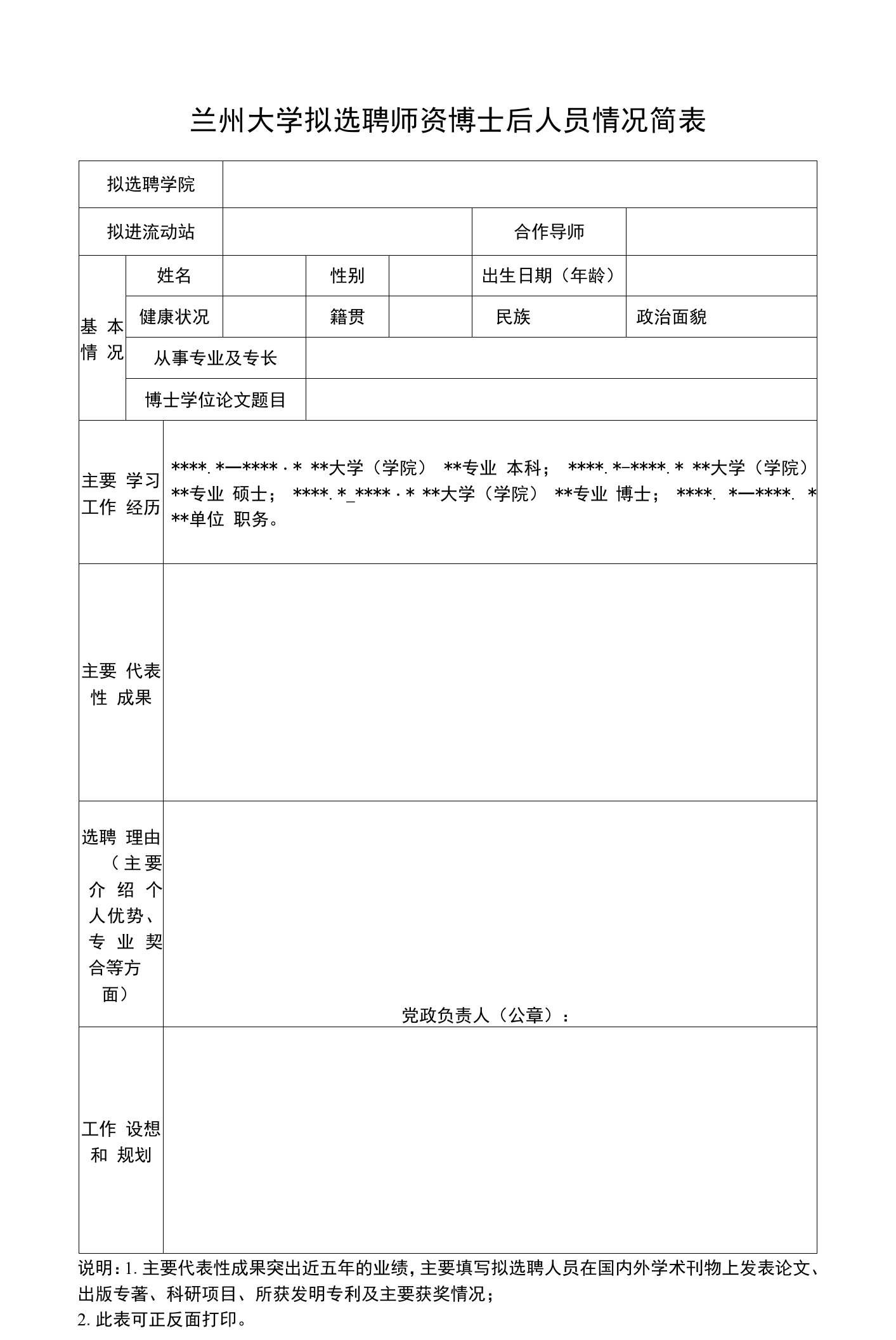 兰州大学拟选聘师资博士后人员情况简表