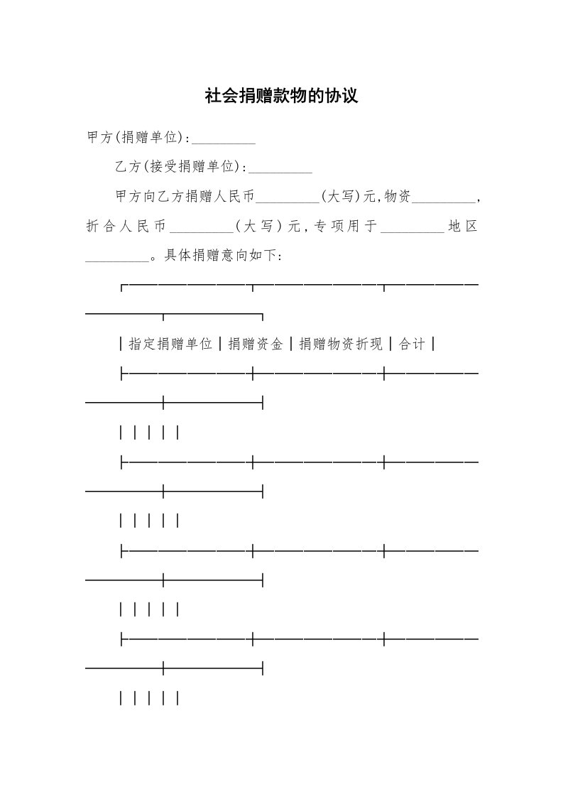 合同范本_赠与合同_社会捐赠款物的协议