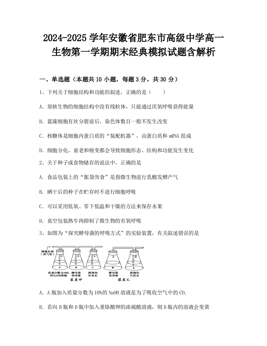 2024-2025学年安徽省肥东市高级中学高一生物第一学期期末经典模拟试题含解析