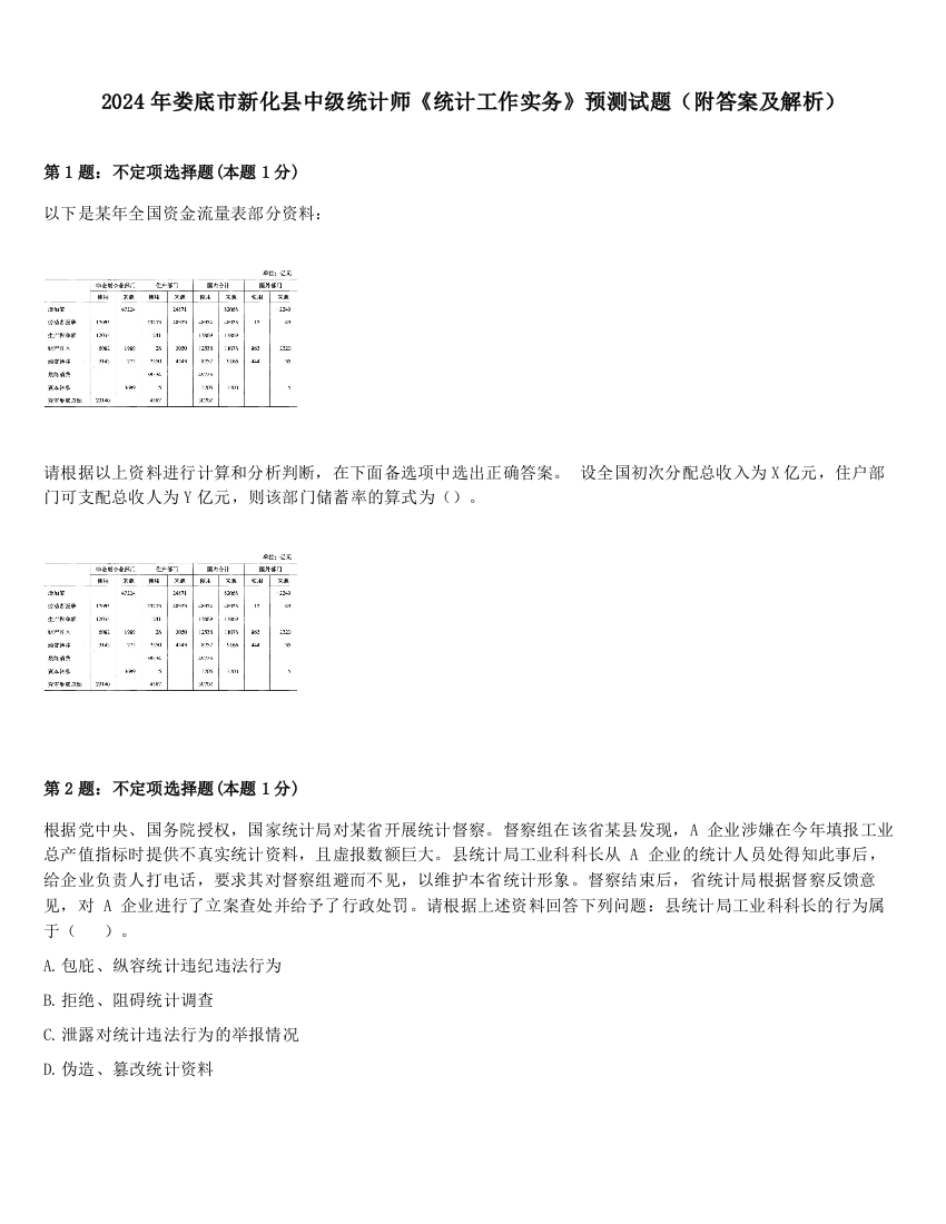 2024年娄底市新化县中级统计师《统计工作实务》预测试题（附答案及解析）