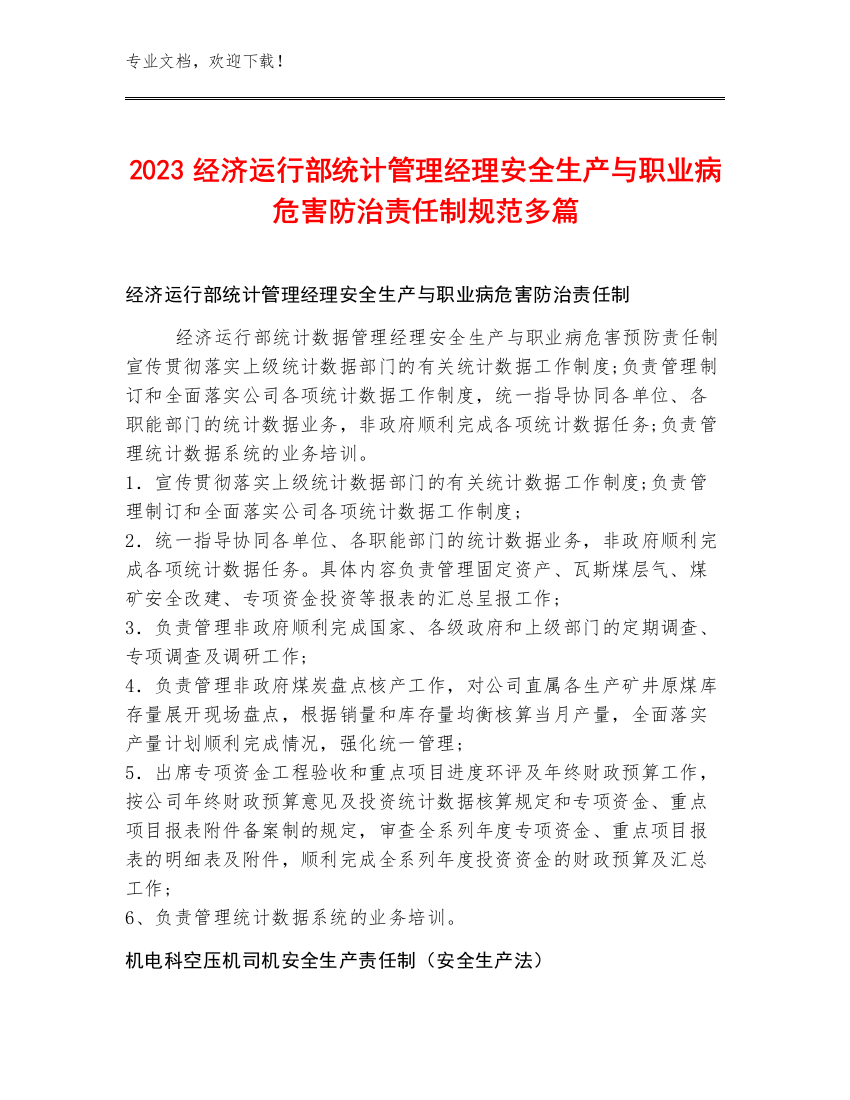 2023经济运行部统计管理经理安全生产与职业病危害防治责任制规范多篇