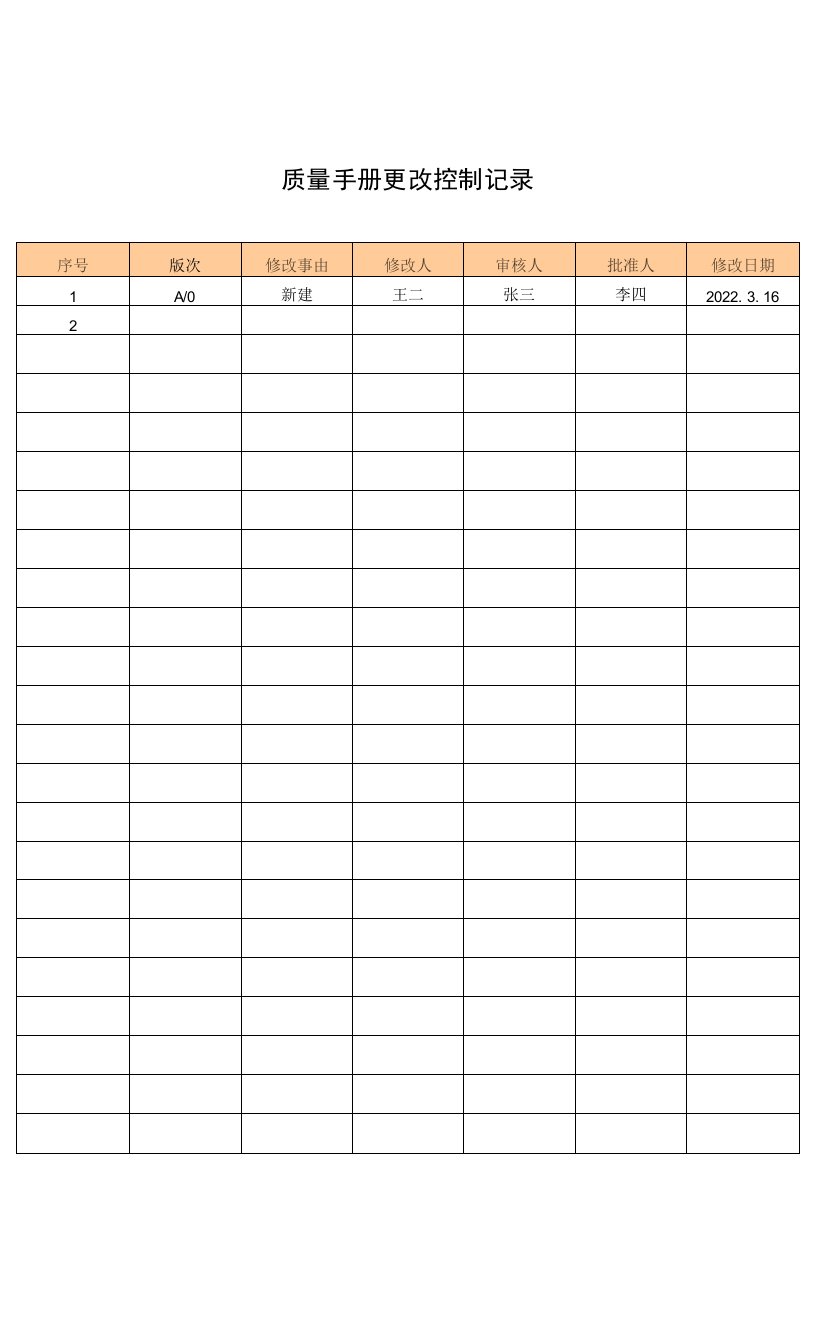 质量手册更改控制记录