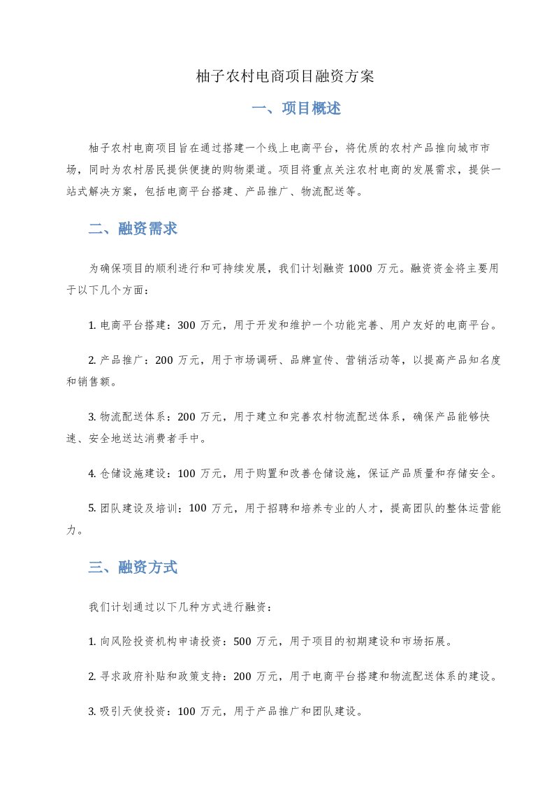 柚子农村电商项目融资方案