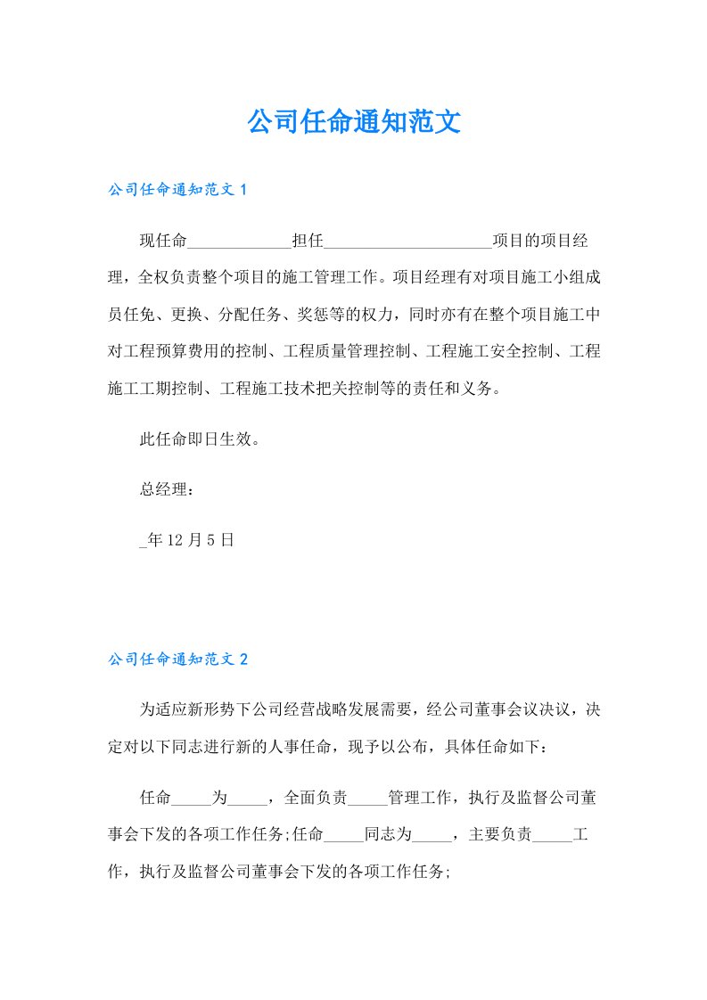 公司任命通知范文