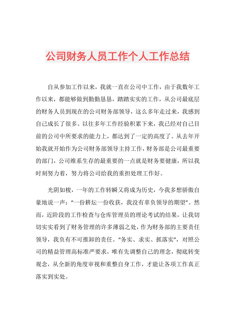 公司财务人员工作个人工作总结