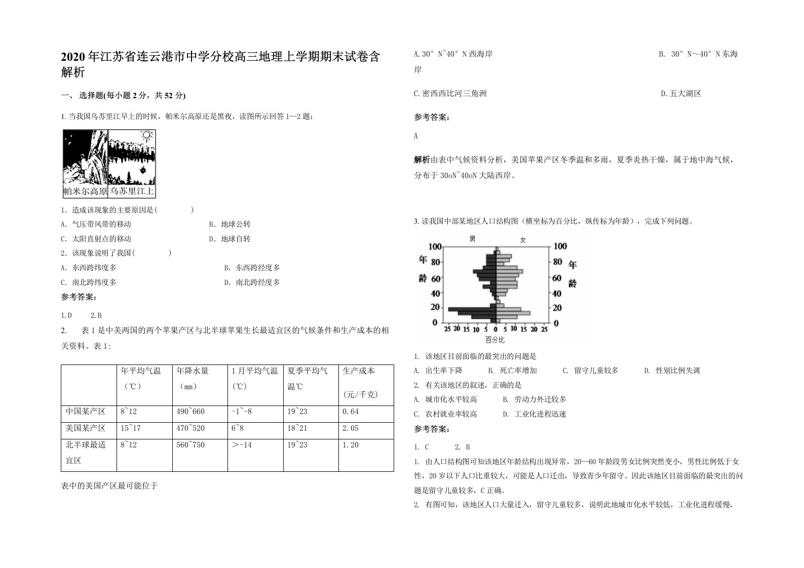 2020年江苏省连云港市中学分校高三地理上学期期末试卷含解析