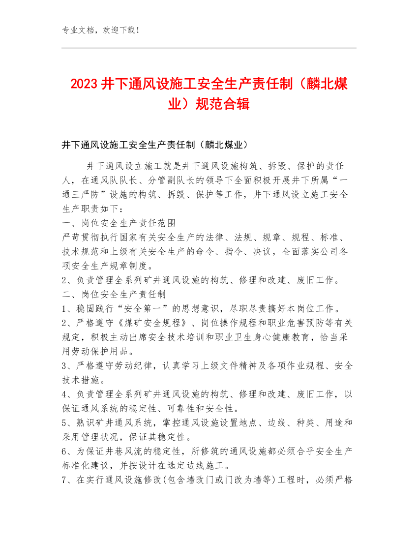 2023井下通风设施工安全生产责任制（麟北煤业）规范合辑