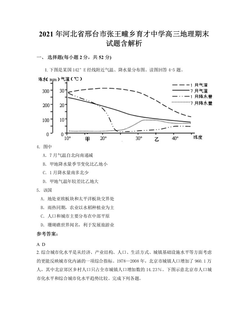 2021年河北省邢台市张王疃乡育才中学高三地理期末试题含解析